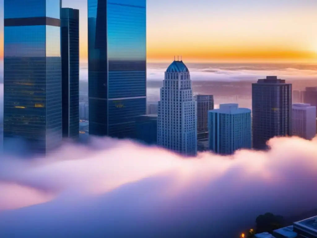 Horizonte urbano vibrante: seguros para inversión inmobiliaria Un vibrante paisaje urbano con rascacielos reflejando la luz del sol, ilustrando la importancia del seguro propiedad inversión inmobiliaria