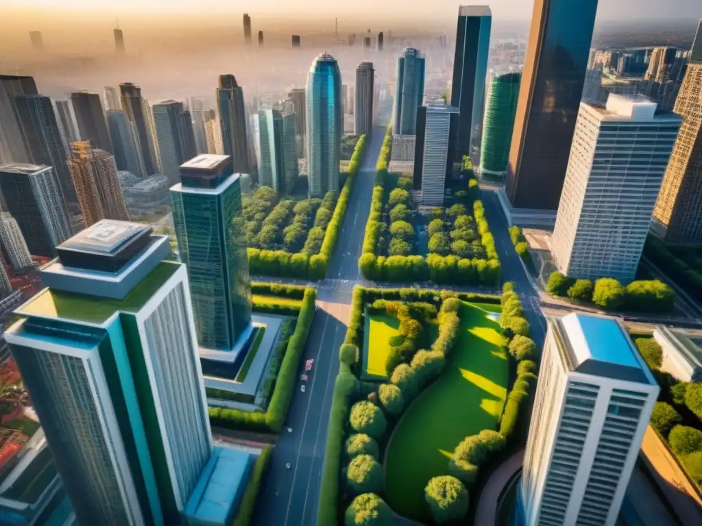 Vibrante ciudad: luces y sombras en el paisaje urbano Un vibrante paisaje urbano con rascacielos, edificios residenciales y espacios verdes