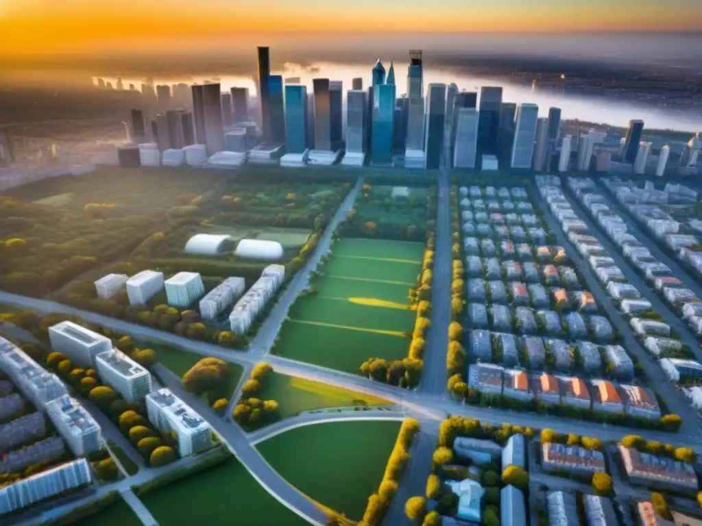 Impacto de FHA en ciudad vibrante: real estate en evolución Un vibrante paisaje urbano con rascacielos modernos y edificios residenciales, mostrando el impacto de los Préstamos FHA en el mercado inmobiliario