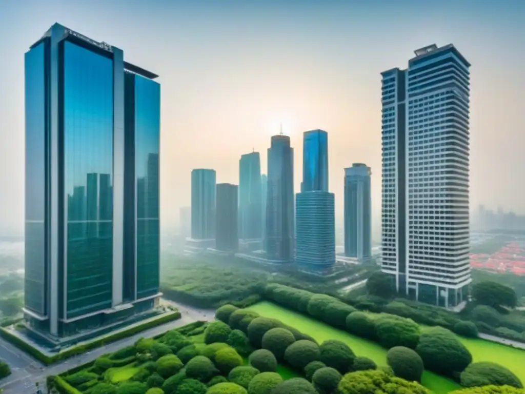 Metrópolis vibrante: pros y cons de préstamos inmobiliarios Un vibrante paisaje urbano con rascacielos modernos y edificios residenciales, simbolizando los Préstamos inmobiliarios: ventajas y desventajas