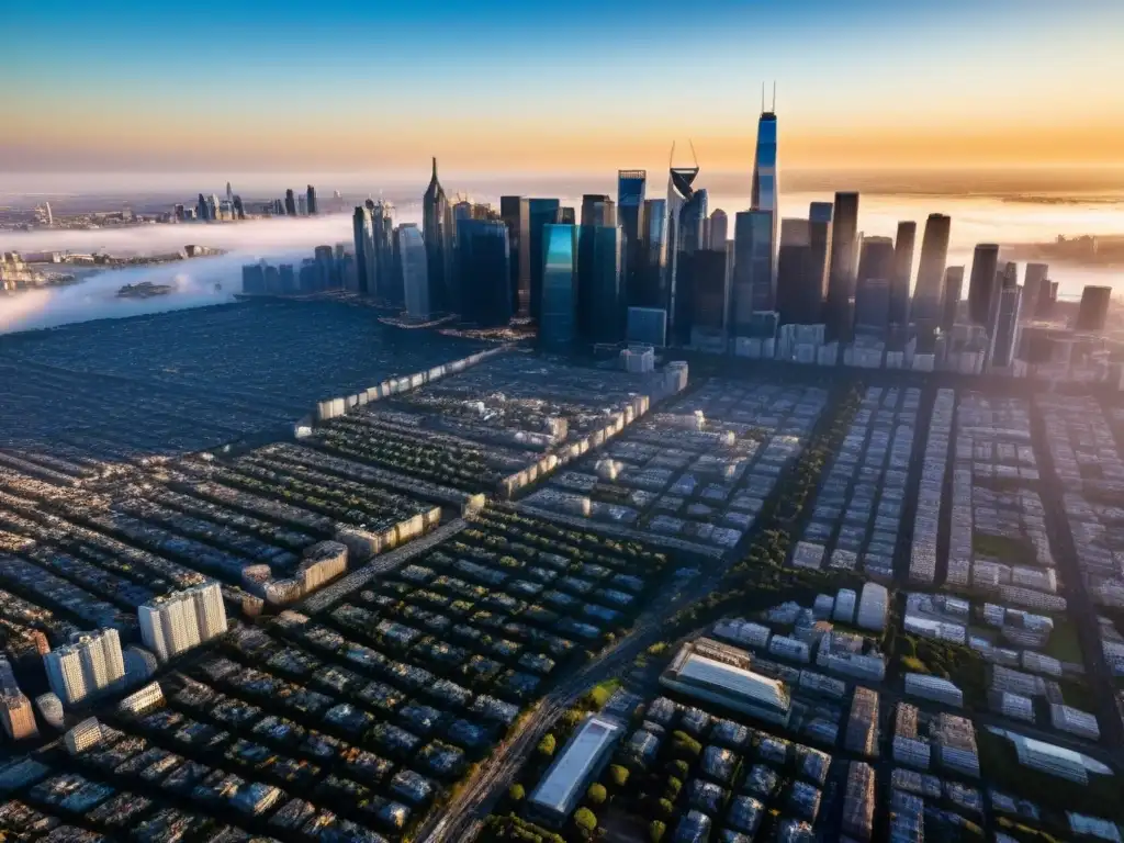 Vista aérea impresionante de ciudad vibrante al atardecer Un vibrante paisaje urbano con rascacielos y edificios altos, simbolizando crecimiento y oportunidad en el sector inmobiliario