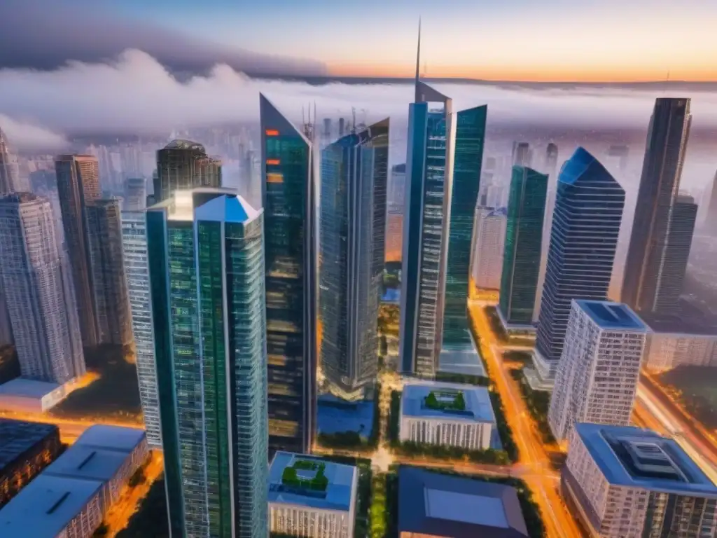 Metrópolis moderna: real estate vibrante en la ciudad Un vibrante paisaje urbano con rascacielos modernos y edificios residenciales, destacando el mercado inmobiliario en un área metropolitana