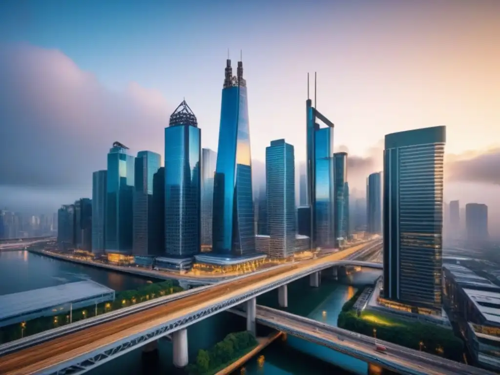 Horizonte urbano vibrante: desarrollo comercial en la ciudad Vibrante paisaje urbano con rascacielos modernos, reflejando desarrollo comercial
