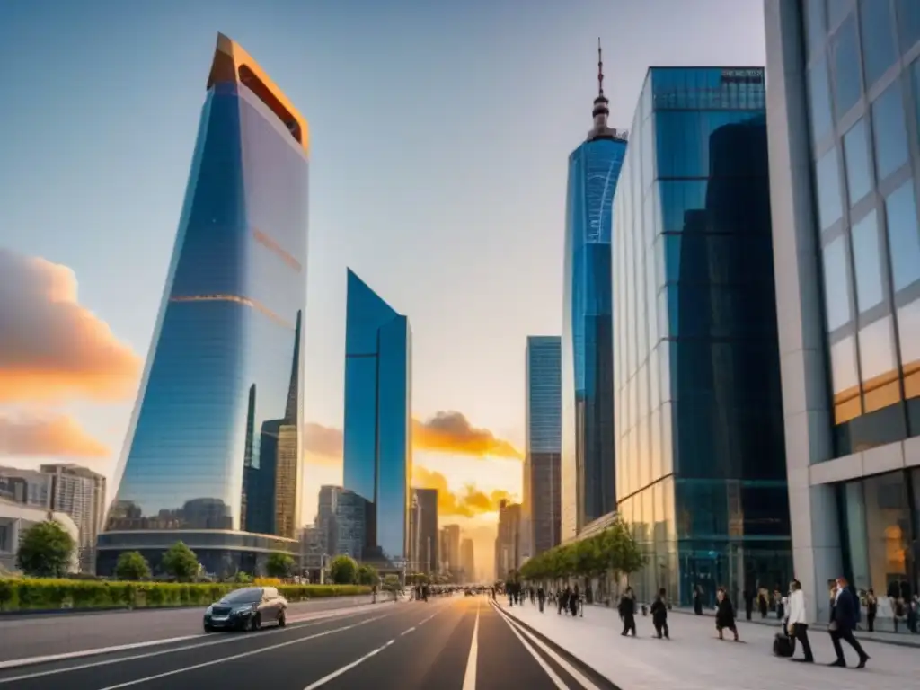 Un vibrante paisaje urbano al anochecer, reflejando el sol entre rascacielos de cristal