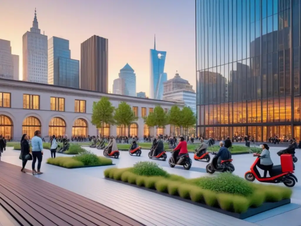 Metrópolis sostenible al atardecer: armonía entre naturaleza y modernidad Un vibrante paisaje urbano sostenible al anochecer, fusionando naturaleza y modernidad en ciudades vivibles