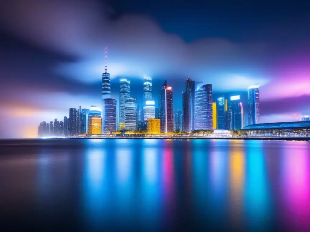 Innovadora ciudad futurista nocturna para Fintech Vibrante panorama nocturno de una ciudad futurista con rascacielos iluminados reflejados en agua calmada