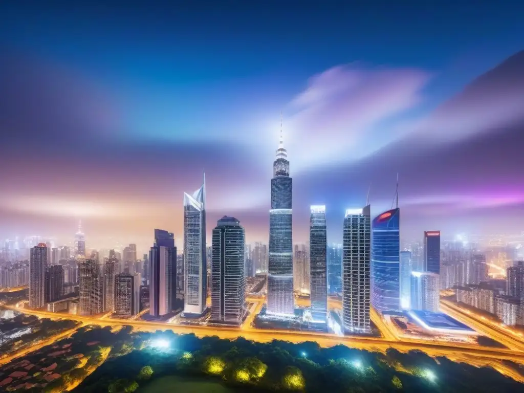Skyline nocturno: inversión inmobiliaria en mercados emergentes Un vibrante panorama nocturno de una ciudad, con rascacielos iluminados y profesionales en colaboración estratégica