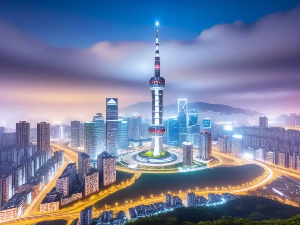 Horizonte futurista de Seúl: luces y arquitectura innovadora Vibrante panorama nocturno en Seúl, Corea del Sur, fusionando tradición y modernidad