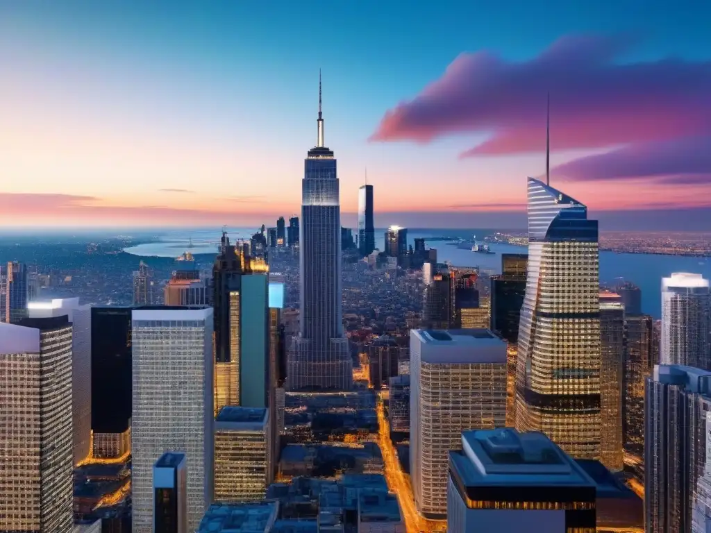 Vibrante ciudad al atardecer: mercado inmobiliario en auge Vibrante panorama urbano al atardecer con profesionales discutiendo, reflejando las Tendencias mercado inmobiliario Flipping