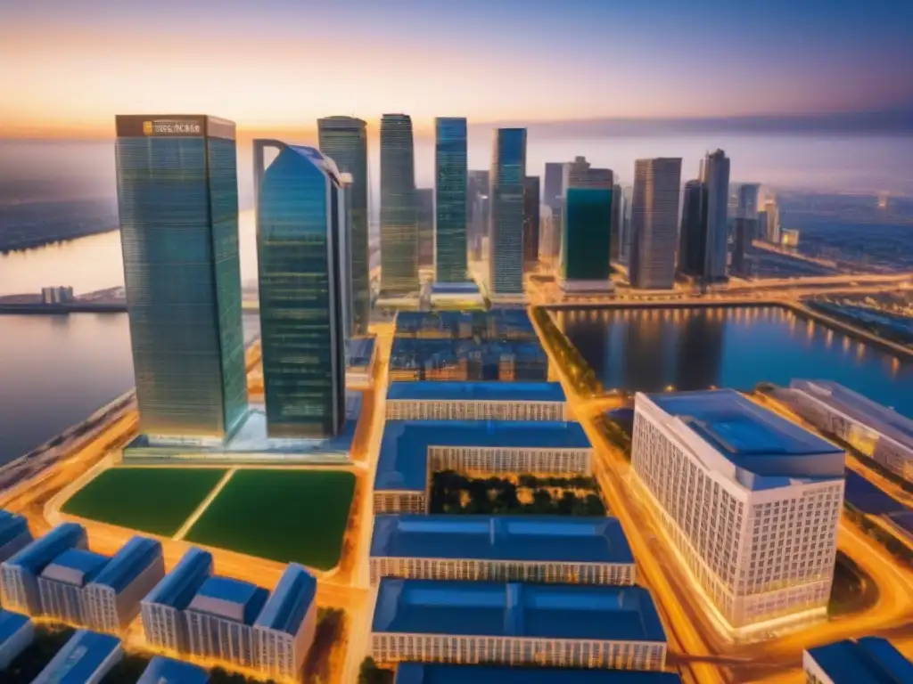 Cityscape moderno al atardecer: inversión inmobiliaria en auge Un vibrante panorama urbano al atardecer con diversos edificios comerciales iluminados por luces cálidas