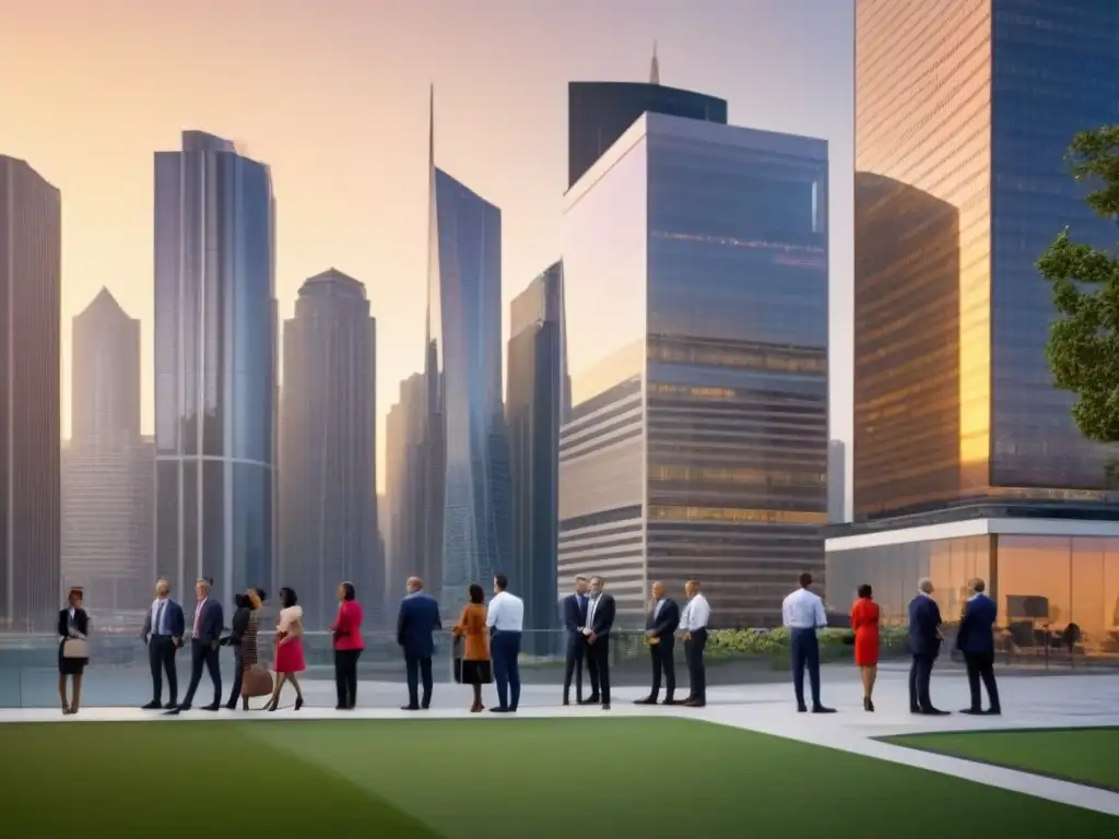 Cityscape vibrante al atardecer: símbolo de progreso y actividad económica Vibrante panorama urbano al atardecer con profesionales discutiendo