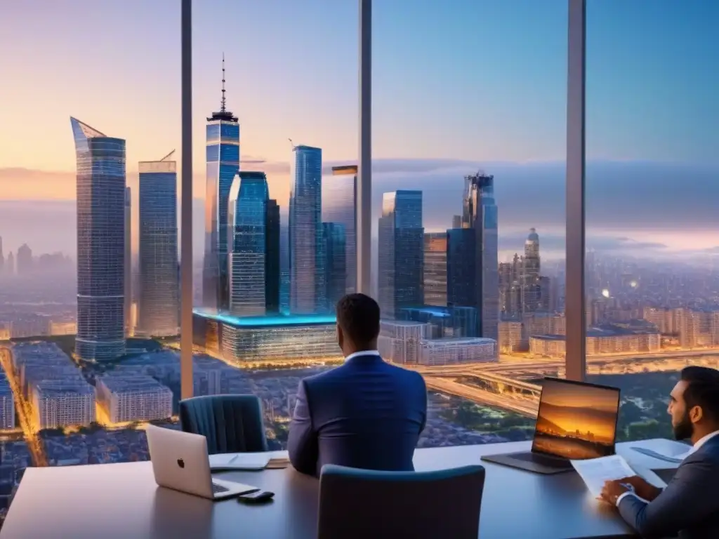 Skyline urbano al anochecer: innovación en mercado inmobiliario Vibrante panorama urbano al atardecer, reflejando la inversión inmobiliaria post crisis con profesionales colaborando y planos arquitectónicos