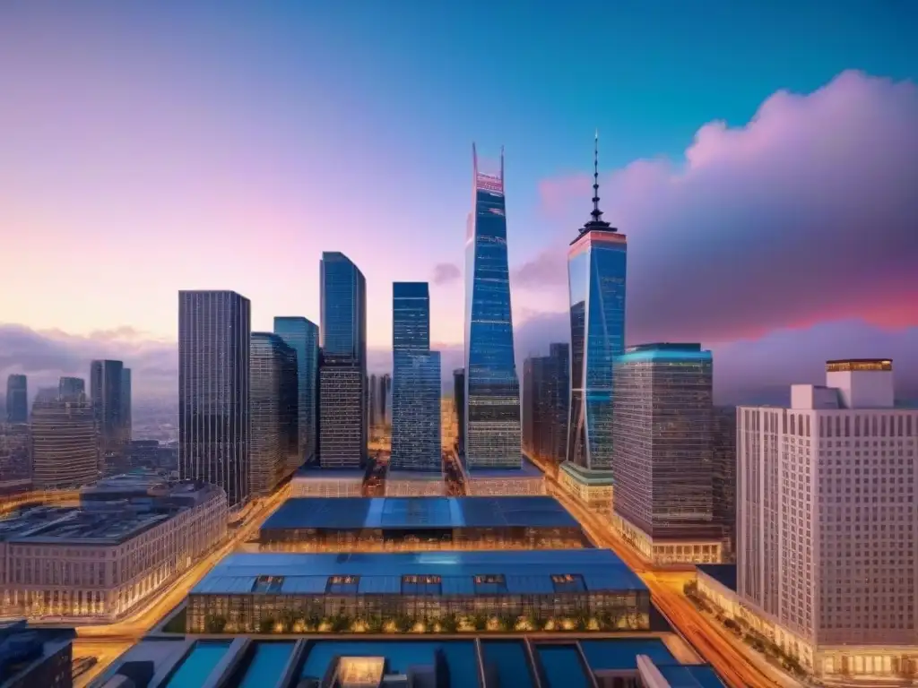 Skyline financiero moderno: colaboración e innovación Vibrante panorama urbano financiero al anochecer con profesionales colaborando