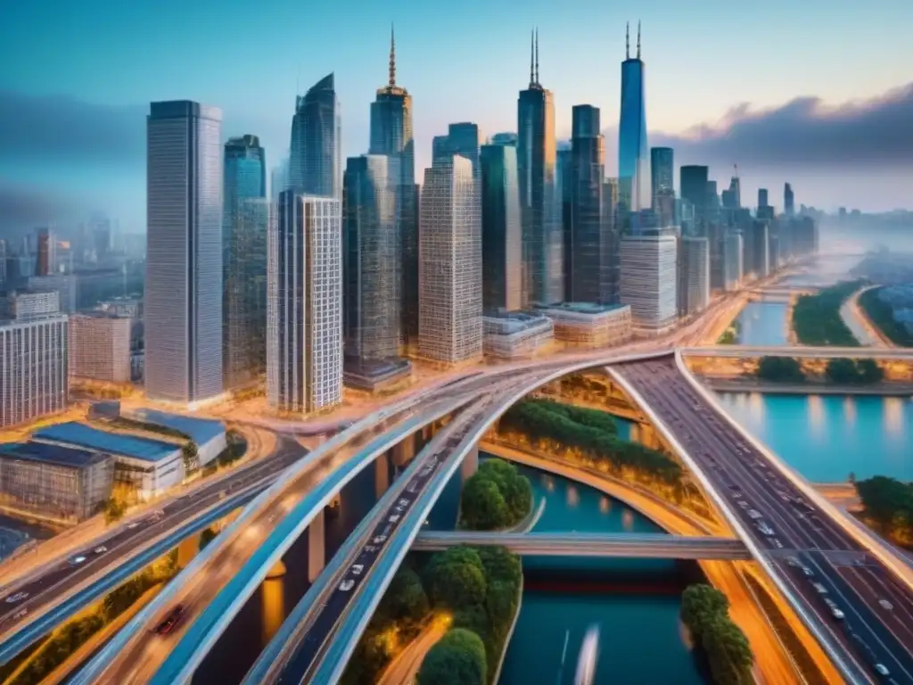 Metrópolis en Movimiento: Infraestructura Urbana Detallada Vibrante panorama urbano con impacto en movilidad urbana y financiamiento inmobiliario