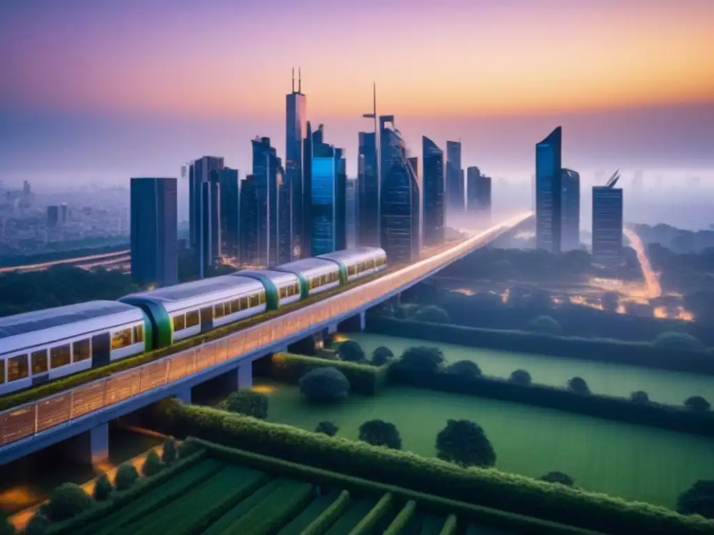 Metrópolis moderna al atardecer: desarrollo urbano y movilidad Vibrante panorama urbano al anochecer, reflejando modernidad y desarrollo urbano movilidad social