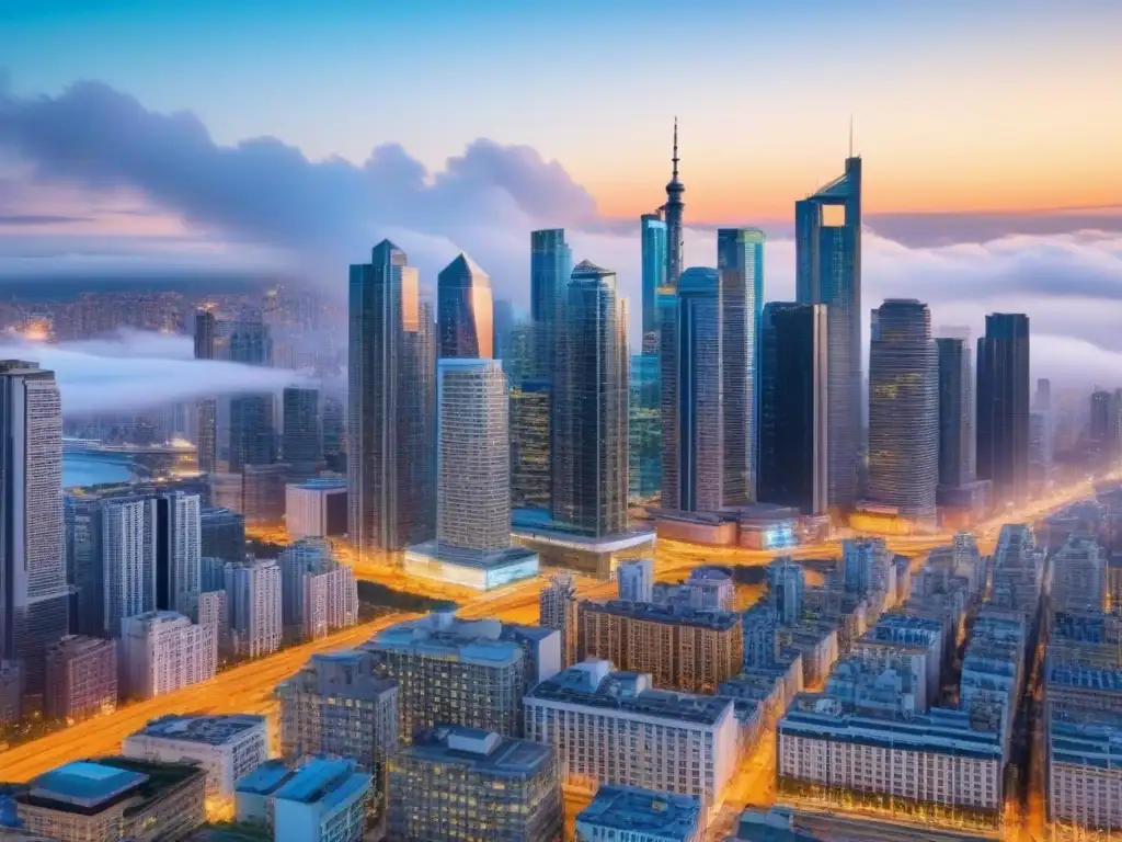 Vibrante mercado inmobiliario: skyline moderno y financiero Vibrante panorama urbano con rascacielos modernos resaltando un mercado inmobiliario activo