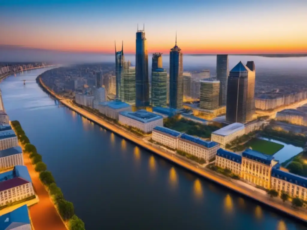 Horizonte urbano: fusión de tradición e innovación en mercado inmobiliario Un vibrante panorama urbano con rascacielos modernos y barrios animados, reflejando las tendencias mercado inmobiliario regional