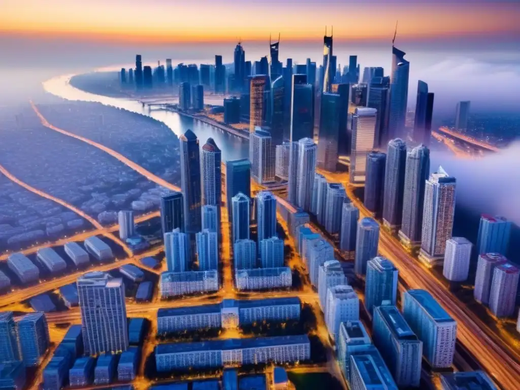 Inversiones inmobiliarias internacionales: ciudad moderna al atardecer Vibrante panorama urbano con rascacielos modernos, conexiones globales y oportunidades en estructuración fiscal inversiones inmobiliarias extranjero
