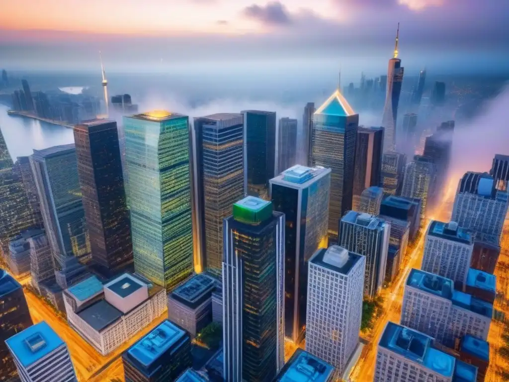Vista aérea impactante de la vibrante vida urbana en el distrito financiero Un vibrante panorama urbano con rascacielos modernos en un distrito financiero activo