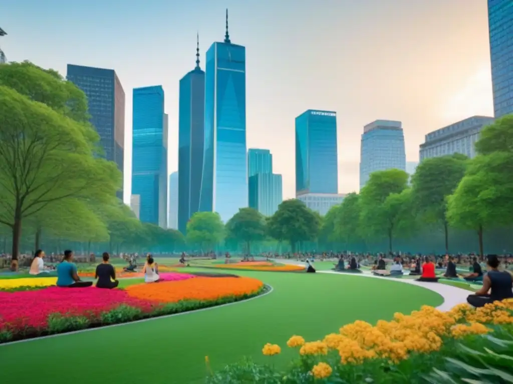 Parque urbano vibrante: naturaleza y comunidad en armonía Un vibrante parque urbano muestra los beneficios del desarrollo urbano con espacios verdes, lleno de actividades recreativas y gente diversa