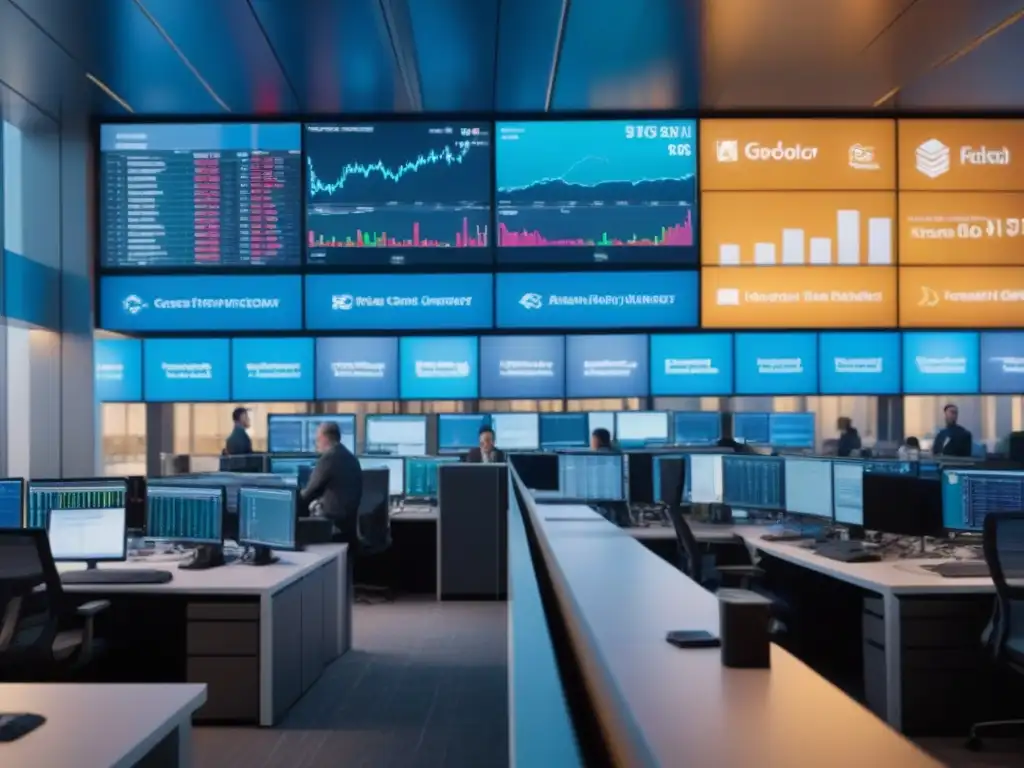Trading floor futurista con traders y gráficos en 8k Vibrante piso de operaciones financiero con fluctuaciones mercado préstamos hipotecarios