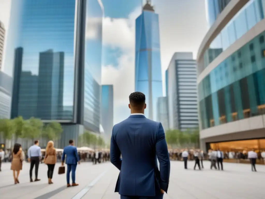 Plaza financiera: diversidad e innovación inmobiliaria Una vibrante plaza financiera en la ciudad, con diversidad de personas realizando actividades financieras