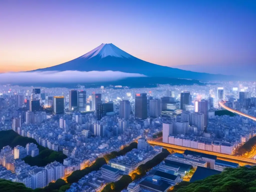 Tokio: fusión de modernidad y tradición al atardecer Vibrante Tokyo al anochecer: rascacielos iluminados y arquitectura tradicional, con el Monte Fuji de fondo