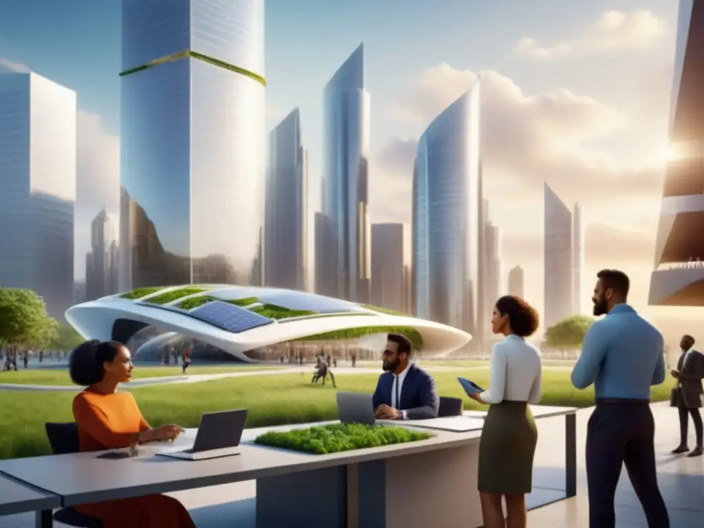 Conferencia innovadora en ciudad sostenible con minorías Una vibrante reunión de individuos diversos discutiendo en una ciudad futurista, simbolizando progreso en programas inmobiliarios para minorías