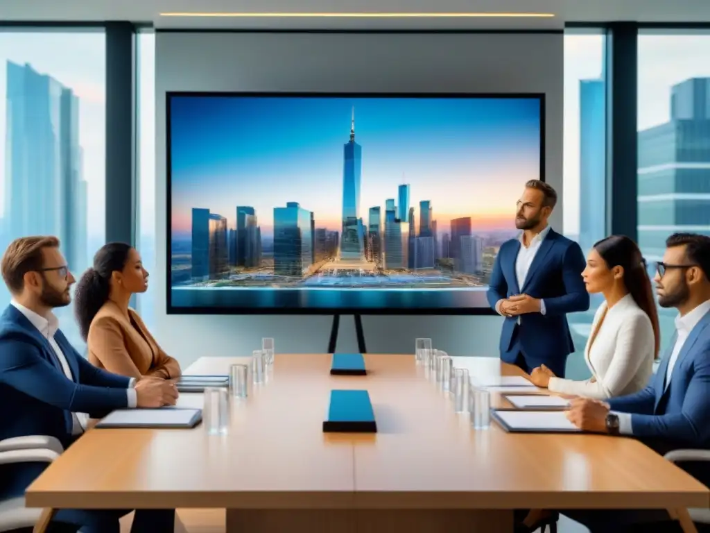 Inversionistas inmobiliarios debatiendo estrategias en sala de juntas Vibrante reunión de inversores inmobiliarios en un salón moderno con vista a la ciudad