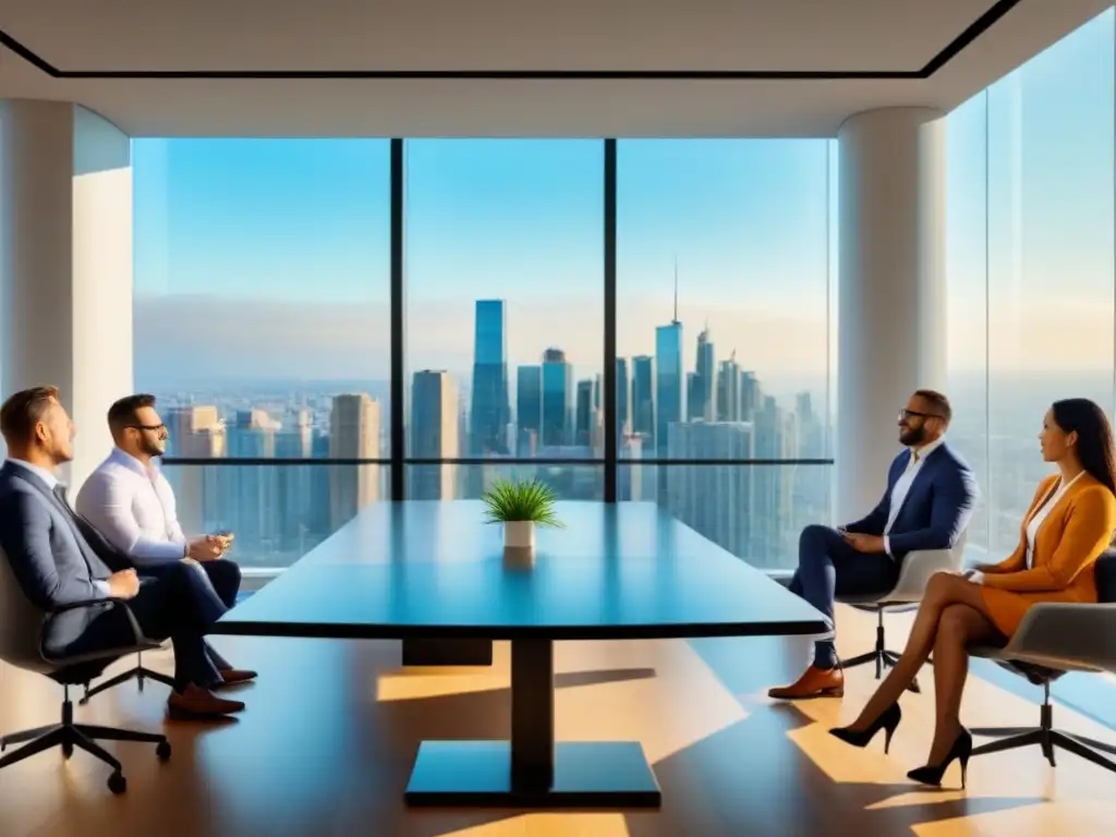 Inversores inmobiliarios: estrategias exitosas en ambiente profesional Una vibrante reunión de inversores inmobiliarios compartiendo consejos para invertir en inmuebles en una oficina moderna con vista a la ciudad