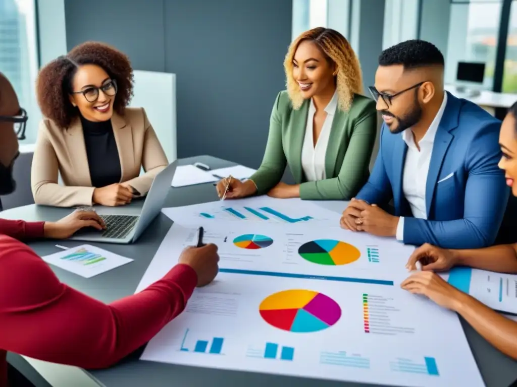 Equipo diverso y colaborativo en oficina moderna Una vibrante reunión de personas de diversas etnias y géneros en una oficina moderna, colaborando en programas inmobiliarios para minorías