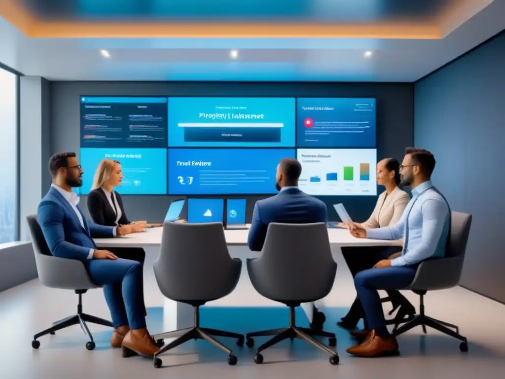 Profesionales modernos promocionando seguros en redes sociales Una vibrante reunión de profesionales diversificados discutiendo estrategias de promoción de seguros de propiedad en redes sociales