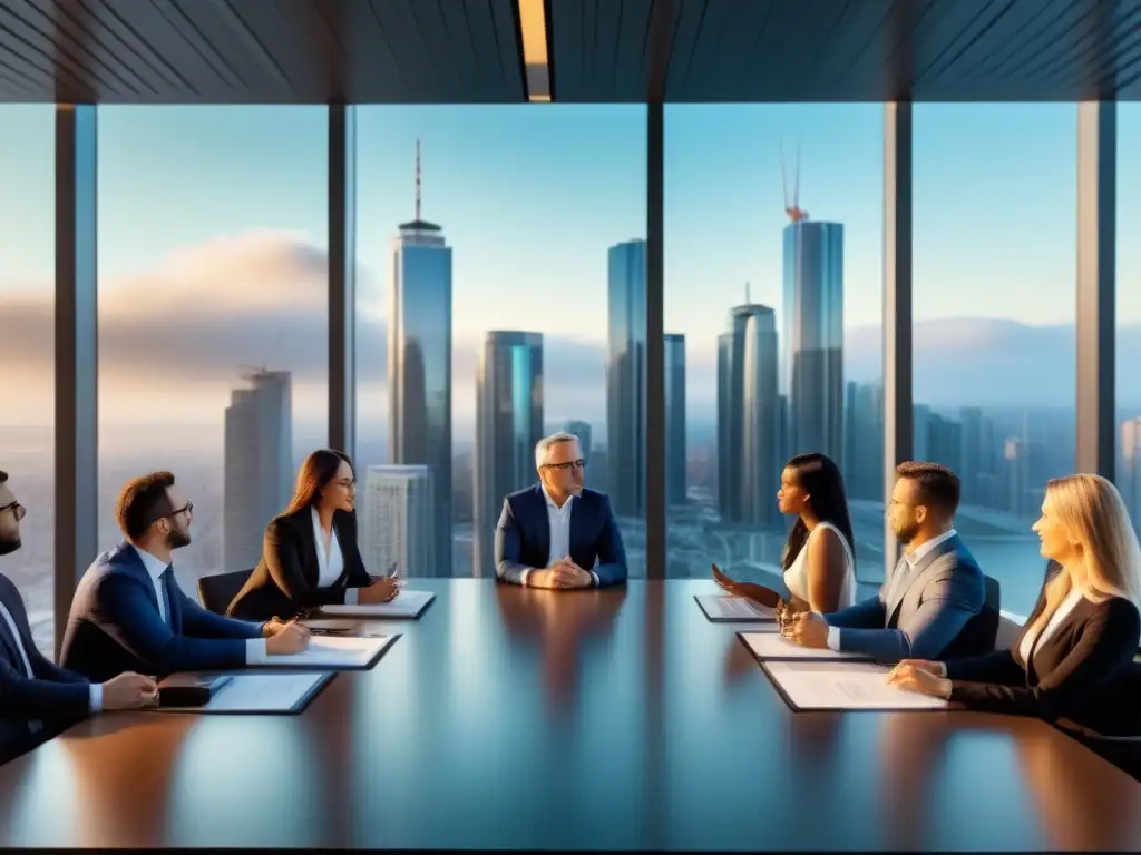 Una vibrante reunión de profesionales diversificados debatiendo estrategias para principiantes en Invertir en REITs