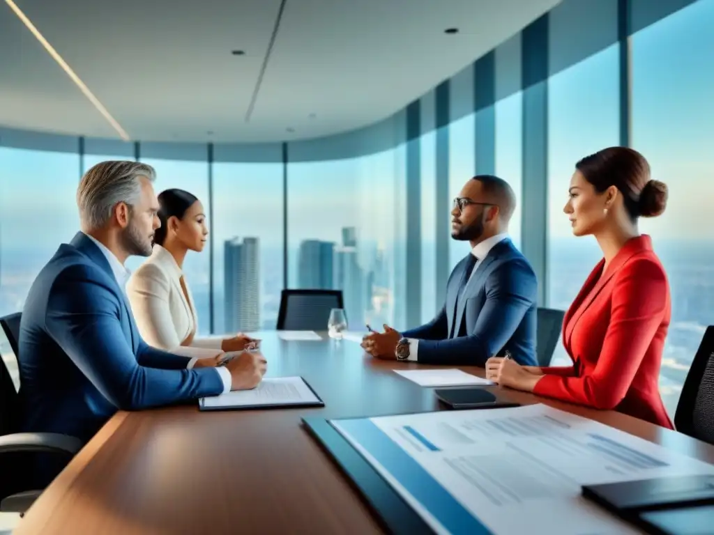Reunión estratégica de profesionales en finanzas inmobiliarias Vibrante reunión de profesionales en moderna oficina con documentos financieros y planos arquitectónicos