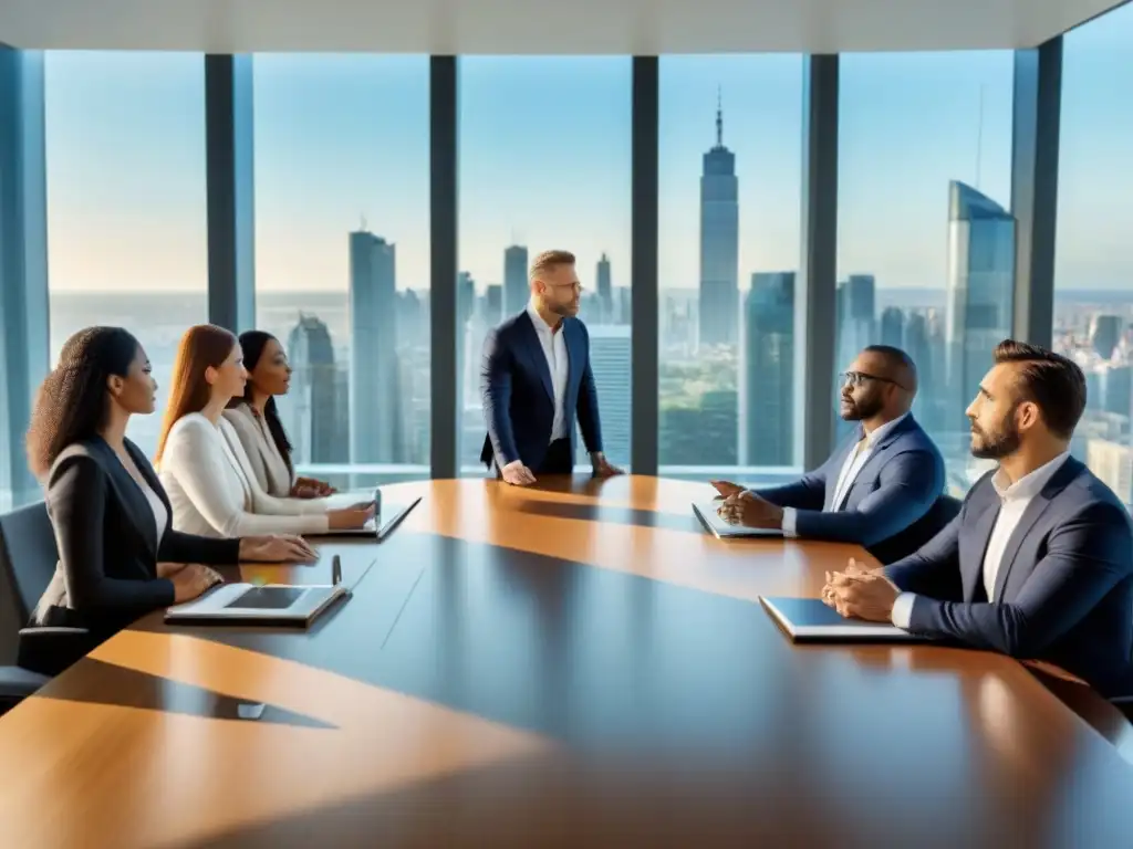 Reunión profesional en boardroom con diversidad y colaboración Una vibrante reunión de profesionales en una moderna sala de juntas, iluminada por luz natural con vista a la ciudad