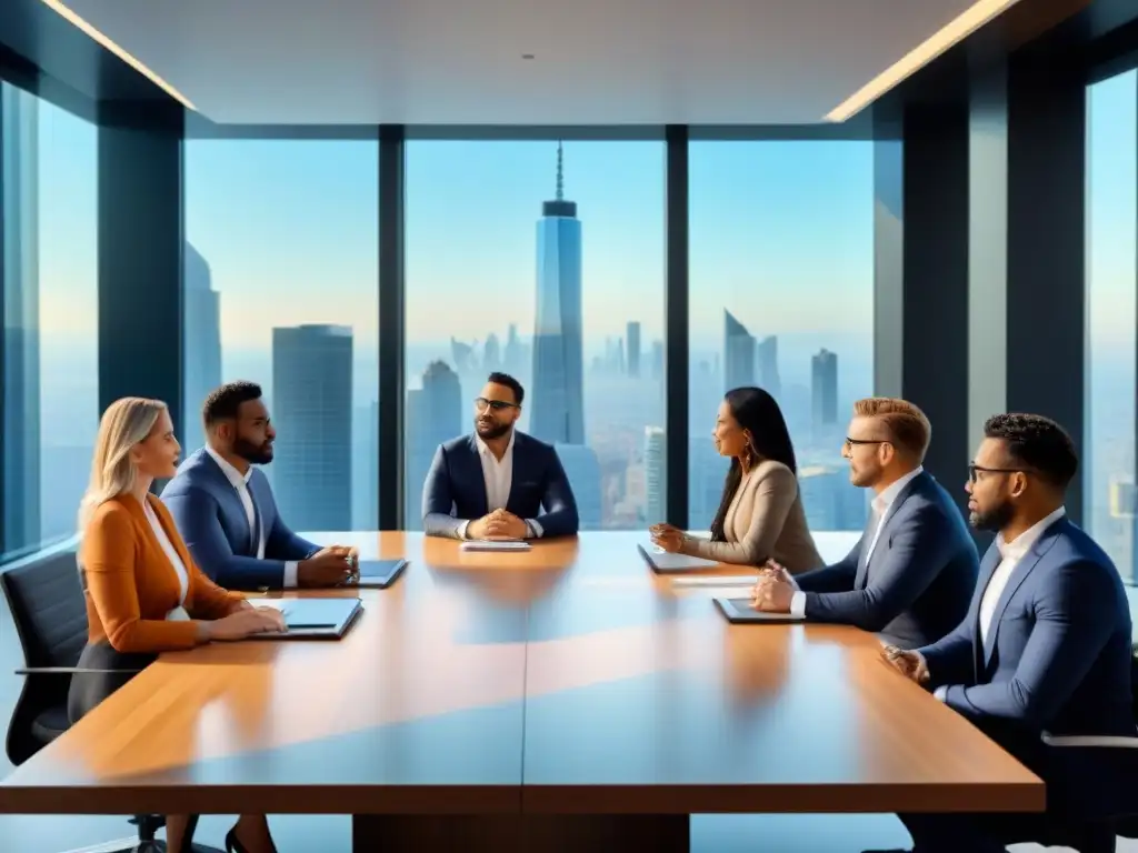 Estrategias inmobiliarias: reunión de profesionales en sala moderna Una vibrante reunión de profesionales en una moderna sala de juntas, discutiendo estrategias de inversión inmobiliaria 2021
