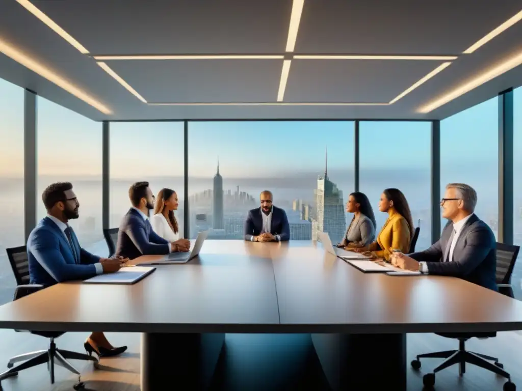 Reunión estratégica: profesionales colaborando en oficina moderna Vibrante reunión de profesionales en oficina moderna