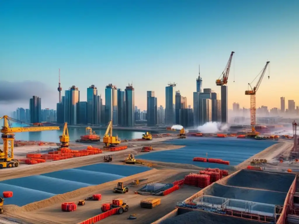 Vibrante obra en construcción: obreros, grúas y ciudad moderna Un vibrante sitio de construcción con obreros, grúas y ciudad moderna, bajo un cielo azul