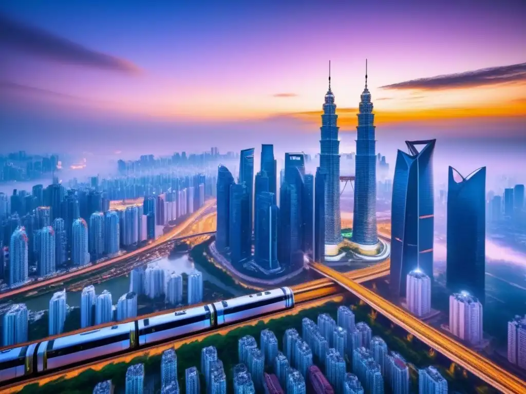 Horizonte futurista: Inversiones inmobiliarias en Asia Vibrante skyline asiático con rascacielos, trenes y personas, reflejando oportunidades de financiamiento inmobiliario en Asia