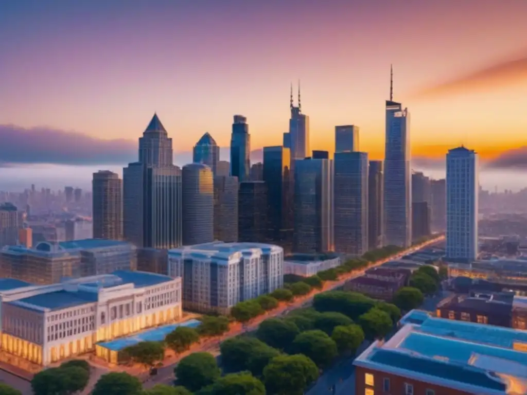 Skyline urbano al atardecer: clave del éxito en inversión inmobiliaria Vibrante skyline al atardecer, fusionando modernidad y historia