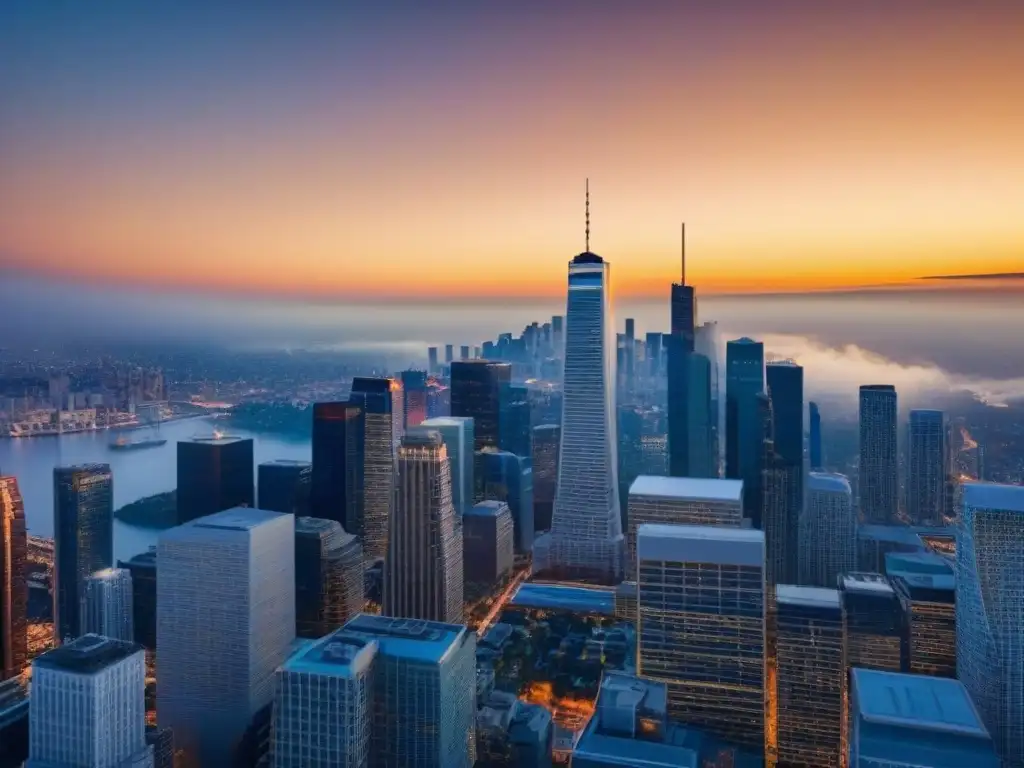 Horizonte financiero: atardecer en la ciudad moderna Vibrante skyline de ciudad al atardecer, con rascacielos modernos y calles llenas de vida en el distrito financiero