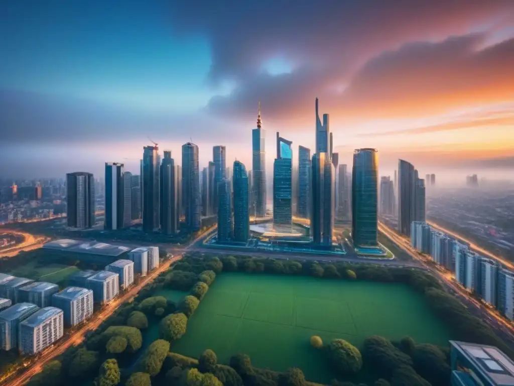 Horizonte urbano vibrante al atardecer en economía emergente Vibrante skyline de ciudad en economía emergente durante un atardecer, reflejando Tendencias inmobiliarias economías emergentes