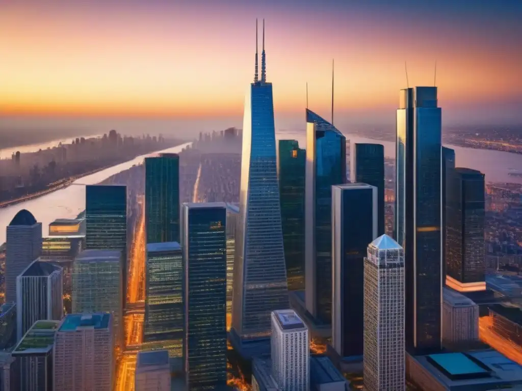 Horizonte urbano futurista: impacto innovador de las agencias de crédito en bienes raíces Vibrante skyline de ciudad, reflejando el impacto innovador de las Agencias de crédito en financiamiento inmobiliario