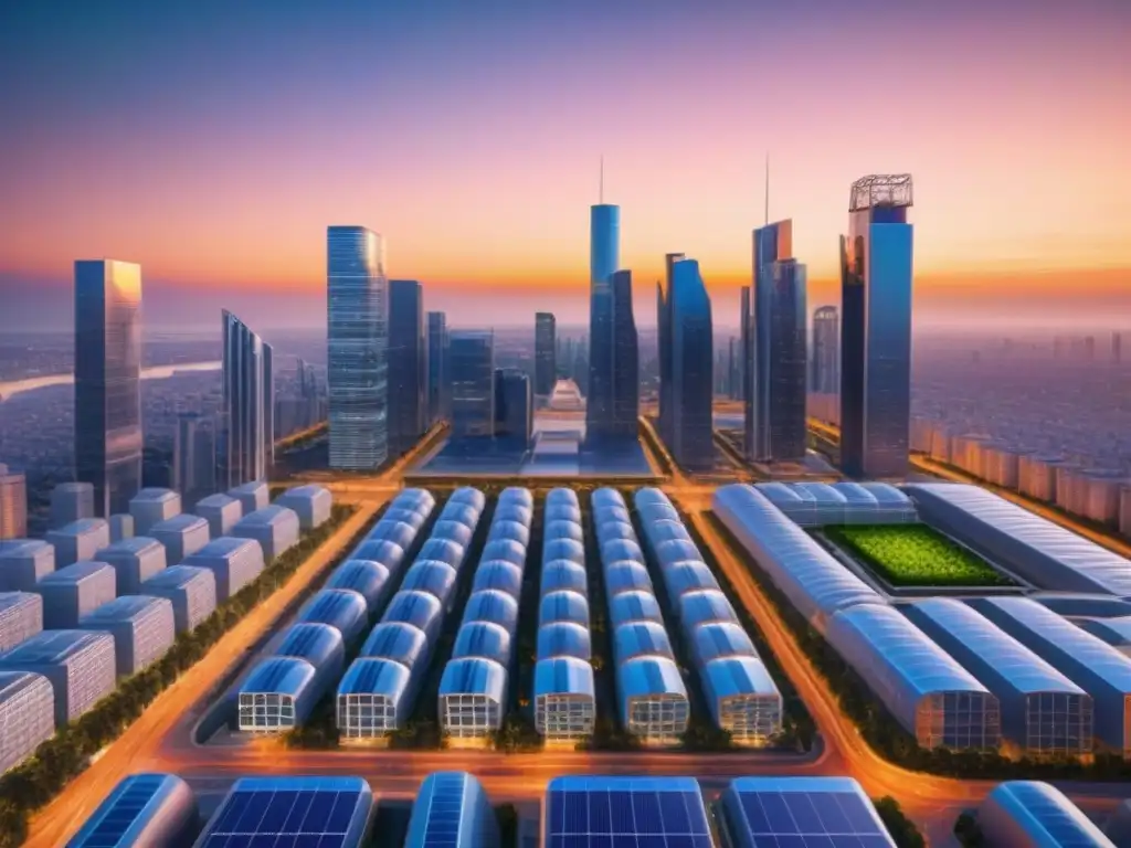 Skyline futurista de una ciudad inteligente al atardecer Vibrante skyline de ciudad inteligente al atardecer, fusionando tecnología en recuperación mercado inmobiliario