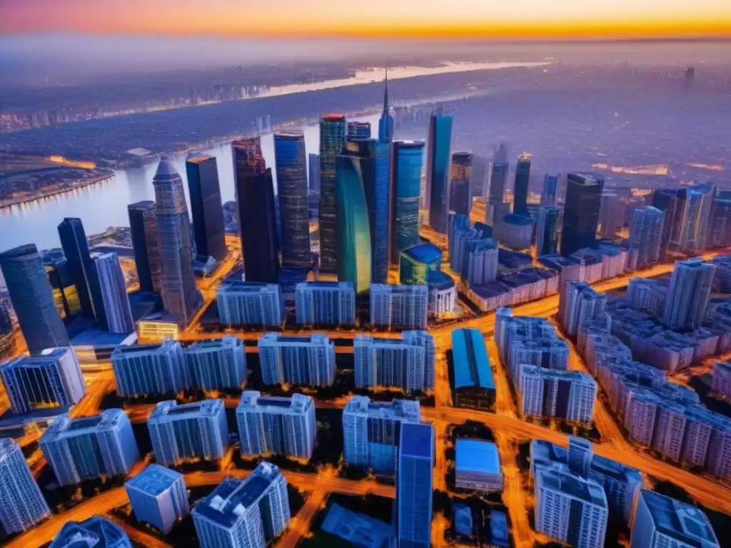 Horizonte urbano al atardecer: modernos rascacielos en una ciudad vibrante 'Vibrante skyline de una ciudad moderna al atardecer