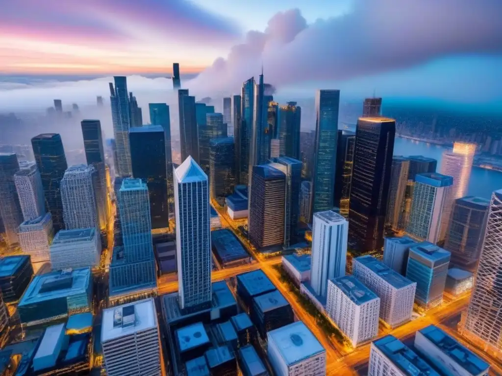 Skyline de una ciudad vibrante: Inversiones REIT en crecimiento Vibrante skyline de una ciudad con modernos edificios comerciales, reflejando el éxito inversores REITs comerciales