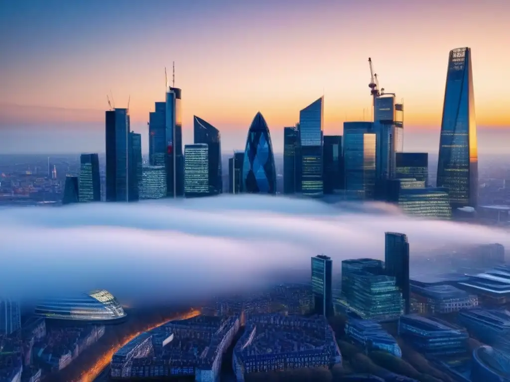 Horizonte urbano dinámico: impacto del Brexit en sector inmobiliario Vibrante skyline de ciudad con rascacielos y profesionales discutiendo, reflejando el impacto del Brexit en mercado inmobiliario