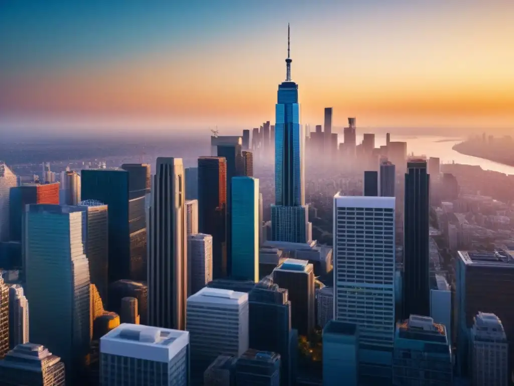 Horizonte urbano futurista: mercado inmobiliario global en transformación Vibrante skyline de ciudad con rascacielos futuristas y profesionales, mercado inmobiliario global economías emergentes