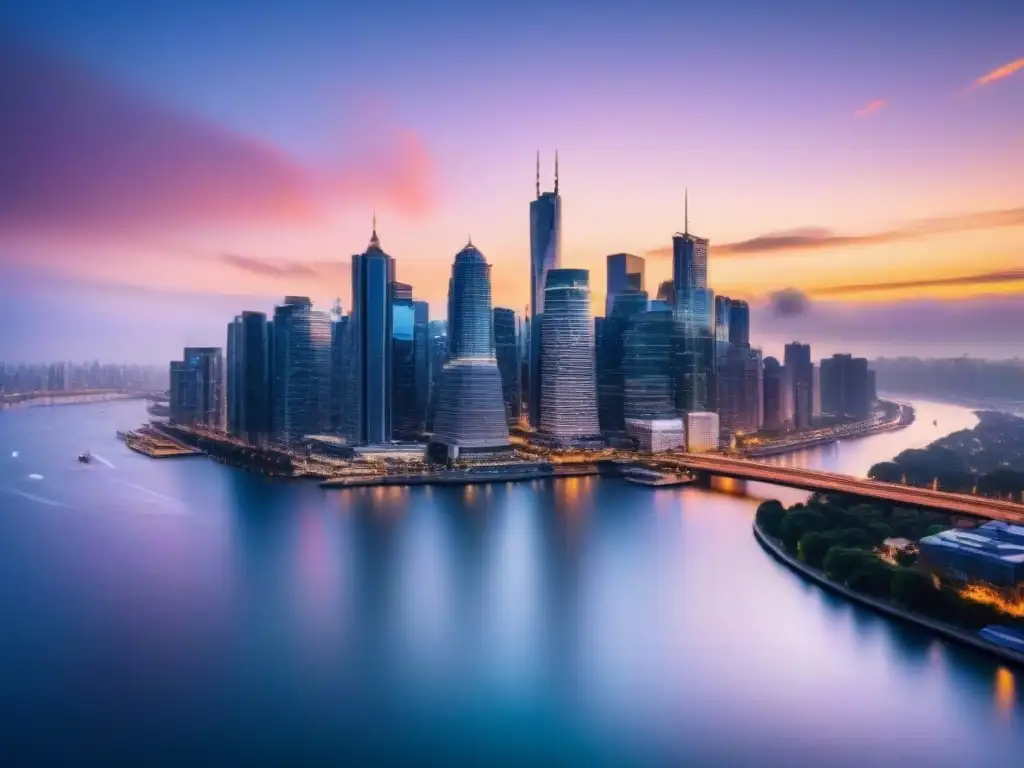 Horizonte urbano vibrante al anochecer: real estate loans Vibrante skyline de ciudad al anochecer con rascacielos iluminados y río sereno, ideal para Guía préstamos inmobiliarios comerciales