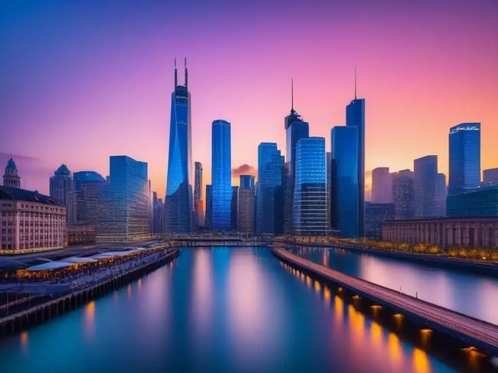 Horizonte financiero moderno en 8k: luces vibrantes al atardecer Vibrante skyline financiero al atardecer, reflejando rascacielos iluminados y un río sereno